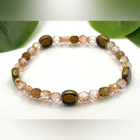Stretch Bracelet,Natural Mookite Stone,gold Edge Electroplated topaz Glass Beads - Picture 7 of 7
